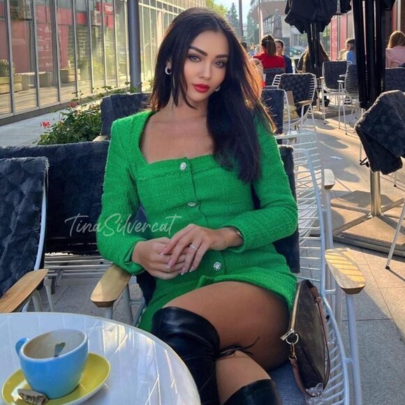 BLOGGERS FAVE! Zara Elegant Green Tweed Mini Dress With Jewel Buttons NWT - Picture 13 of 17